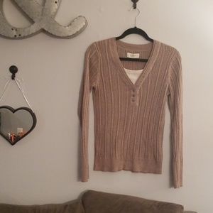 Tan cable sweater with mock layered tank